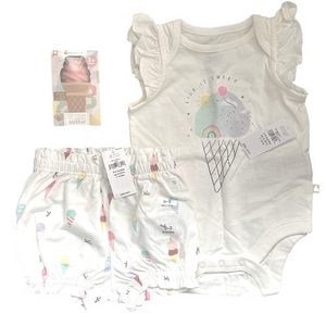 NWT Baby 100% Organic Cotton Ice Cream Body Suit  3pc Gift Set Size 0-3months